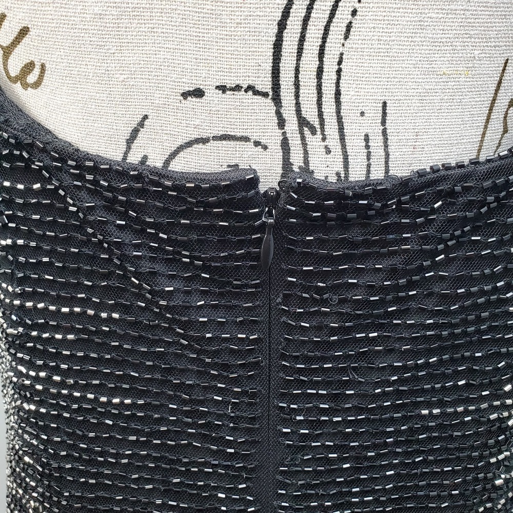 Adrianna Papell Evening Cocktail Dress Womens 12 Black Beaded Spaghetti Straps - Picture 9 of 11
